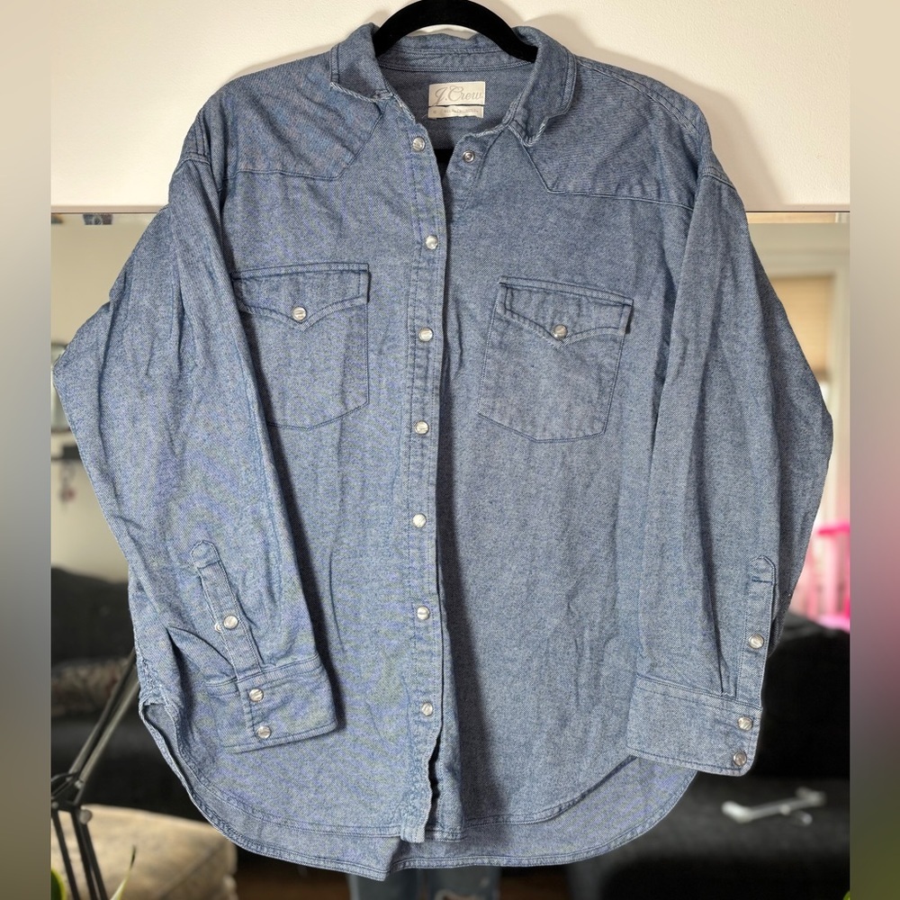 J.Crew Shirt Women 10 Blue Pinstripe Relaxed Fit Pearl Snap Western Cowgirl EUC